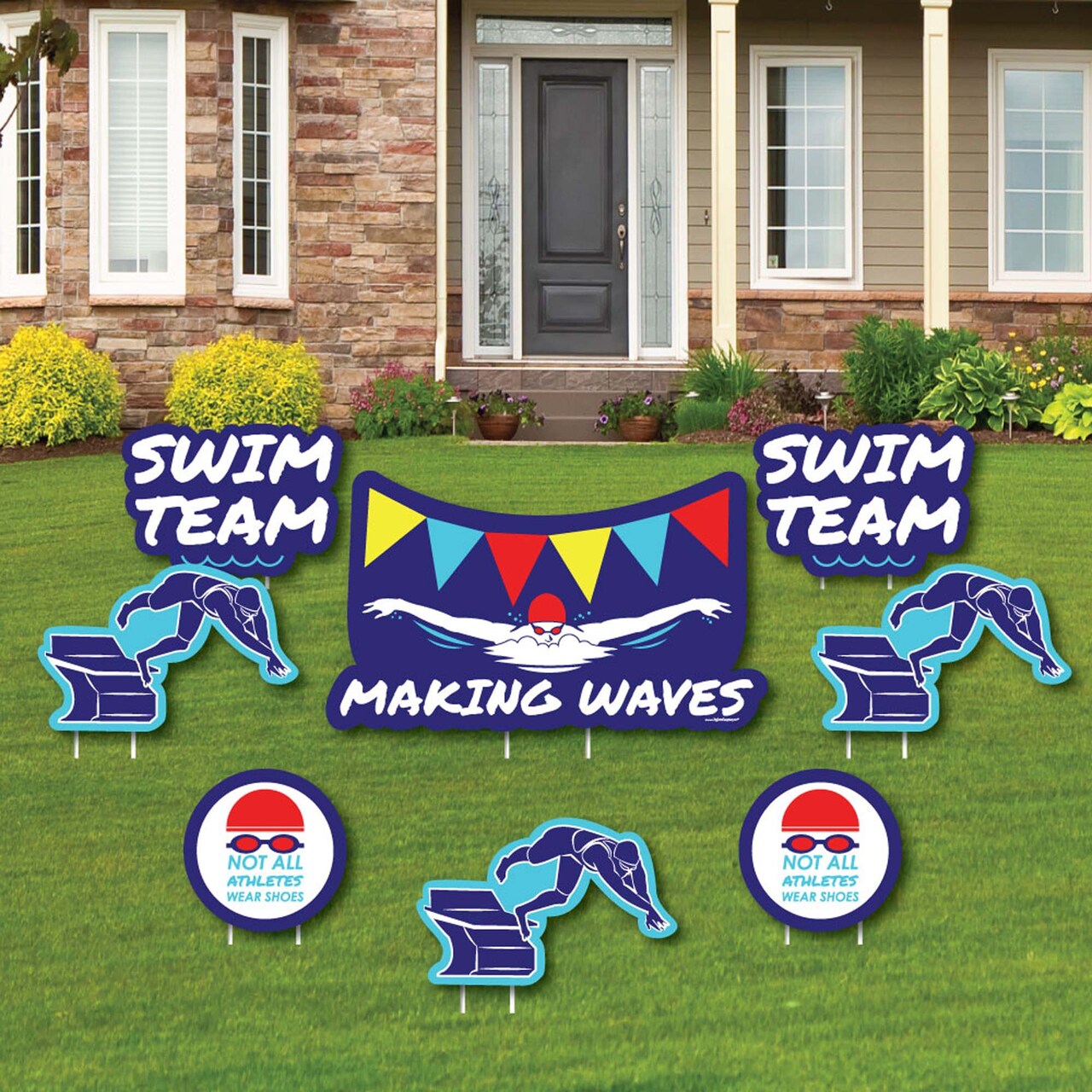 Big Dot of Happiness Making Waves - Swim Team - Yard Sign & Outdoor Lawn Decorations - Swimming Party or Birthday Party Yard Signs - Set of 8
